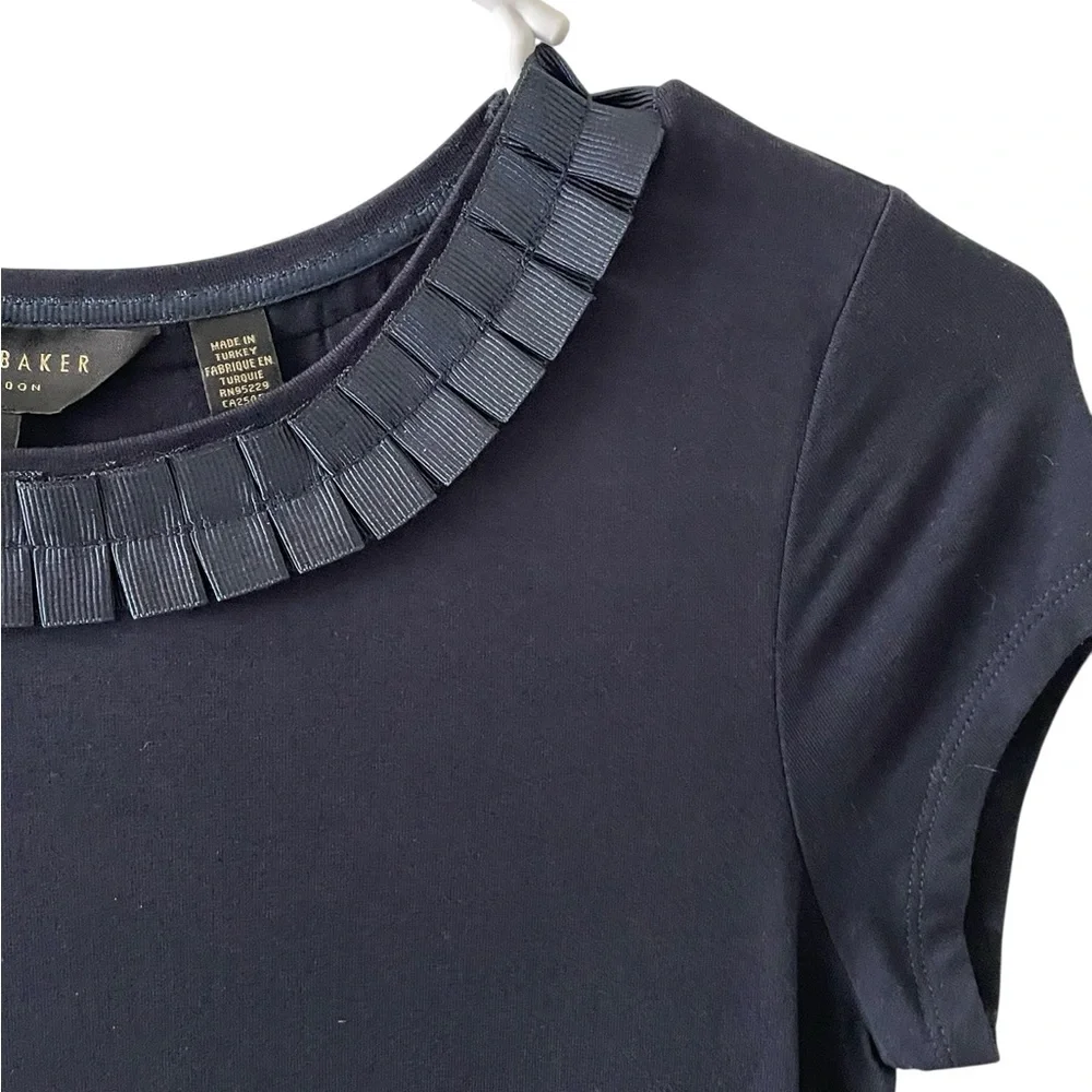 TED BAKER Sillia frill neck pleat ribbon ruffle embellished t-shirt tee top - Picture 5 of 8